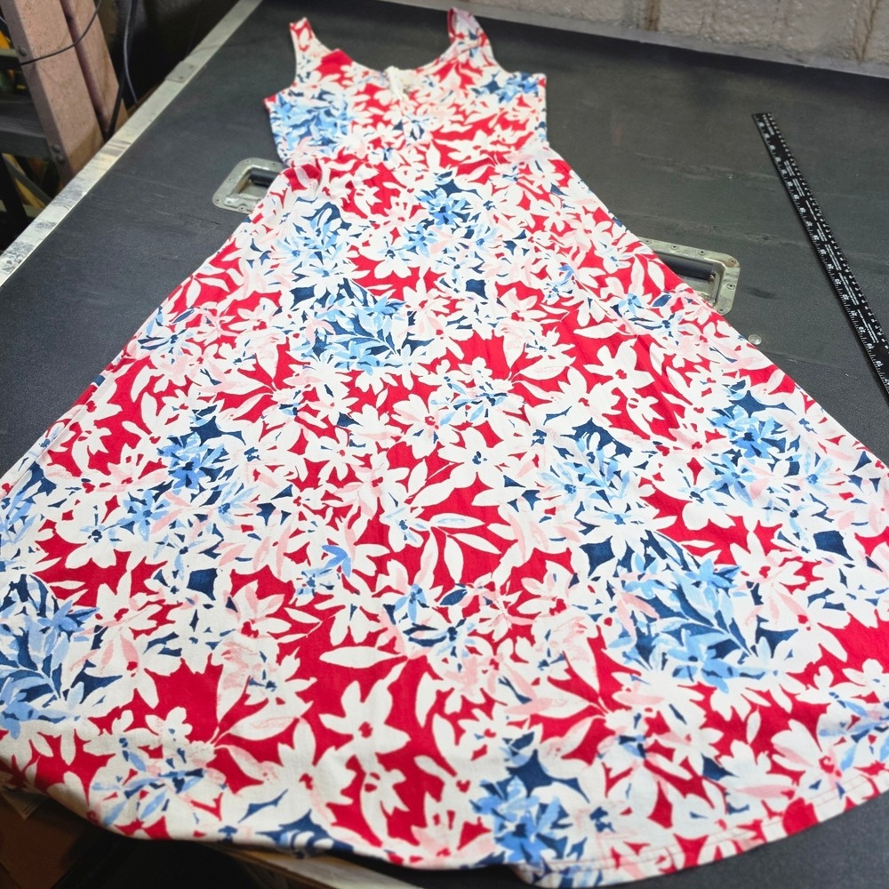 Chaps Womens Red Blue Floral Cotton Lace Up Sleeveless Midi A-Line Dress Size M